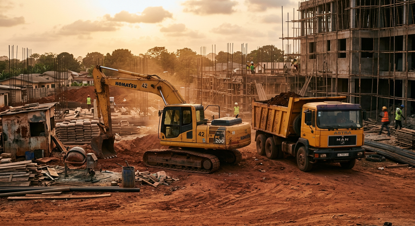 A construction site in Guinea with an excavator and a dump truck moving earth at a multi-storey building under scaffolding