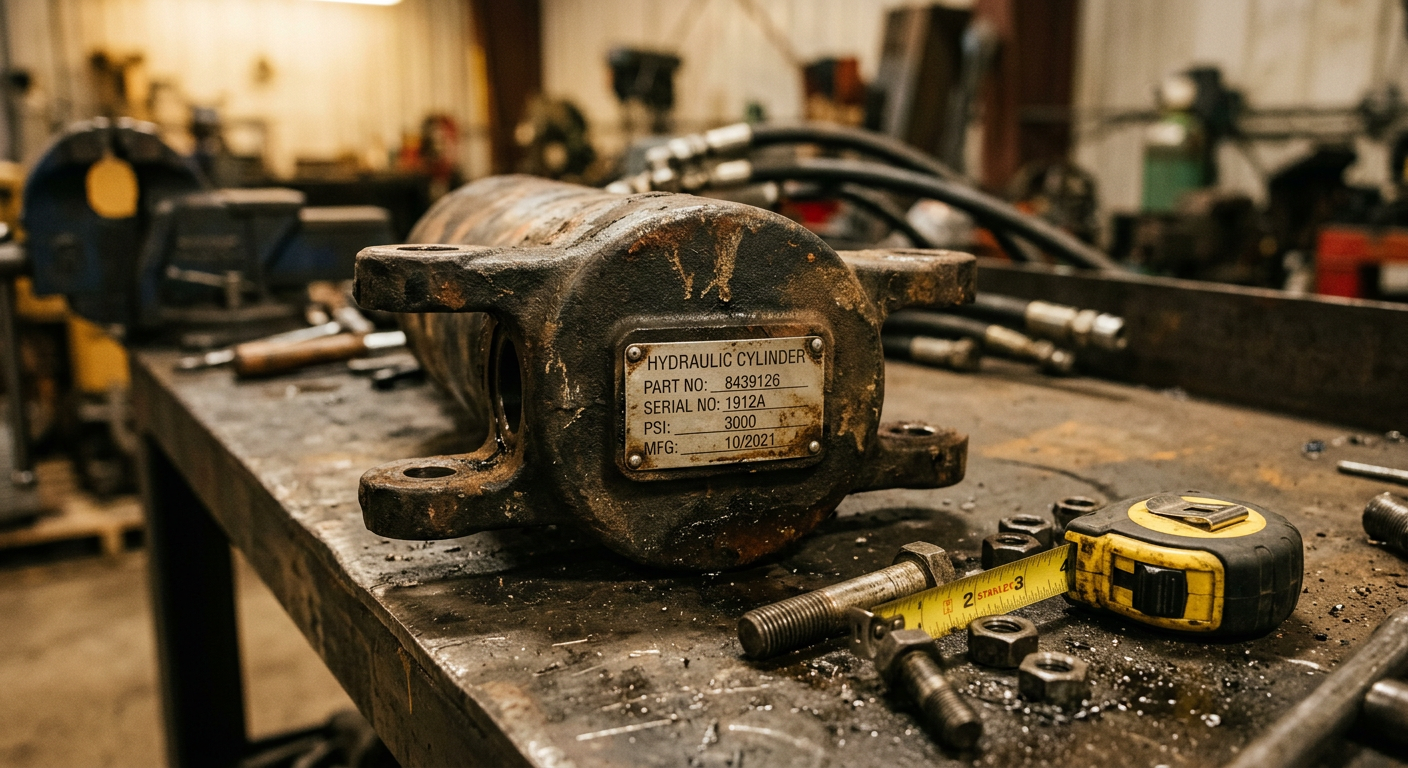 A worn hydraulic cylinder with its manufacturer identification plate showing part and serial numbers, resting on a workshop bench