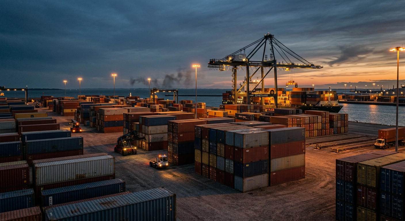 A container shipping yard at dusk with stacked cargo containers and a gantry crane
